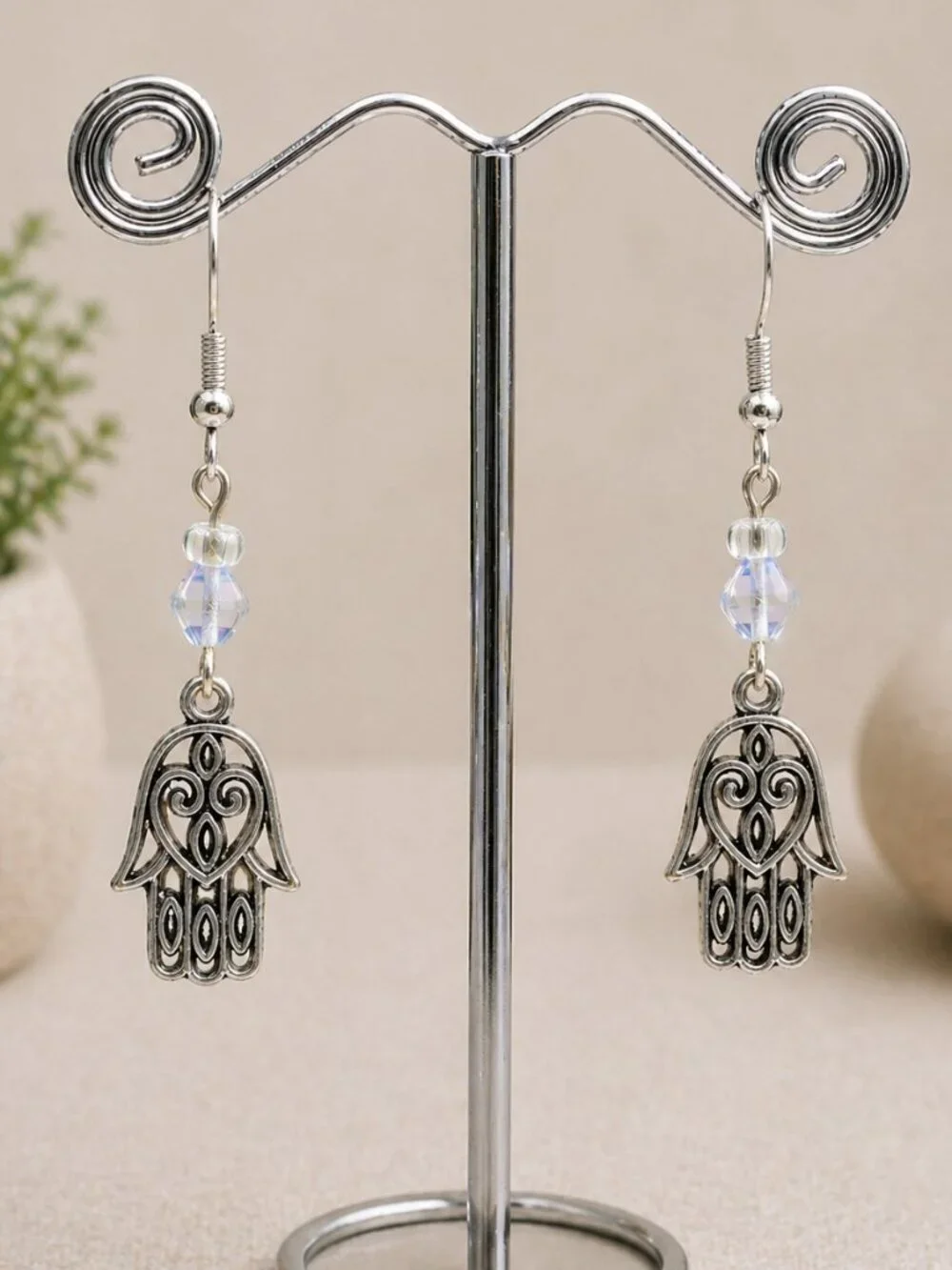 Handmade Hamsa Earrings with Blue Crystal - Picture 5 of 5